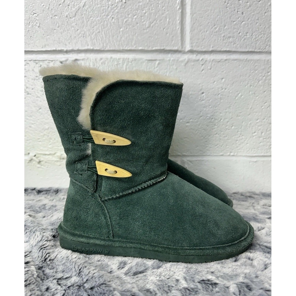 Bearpaw Abigail Women's Suede Sheepskin Wool Blend Toggle Boots Green US 6